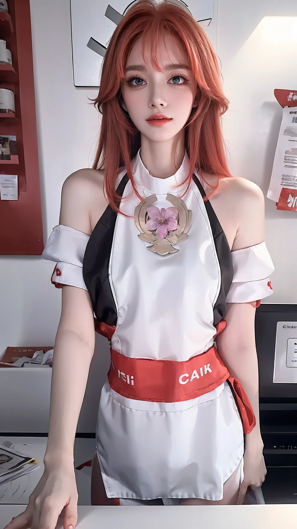 ((best quality)), ((masterpiece)), (detailed), perfect face, pretty face, beautiful female, beautiful body, e cup breast, cashier, minimarket cashier, cashier uniform, white blouse, black apron, mini skirt, perfect body, Stand behind the cashier's desk