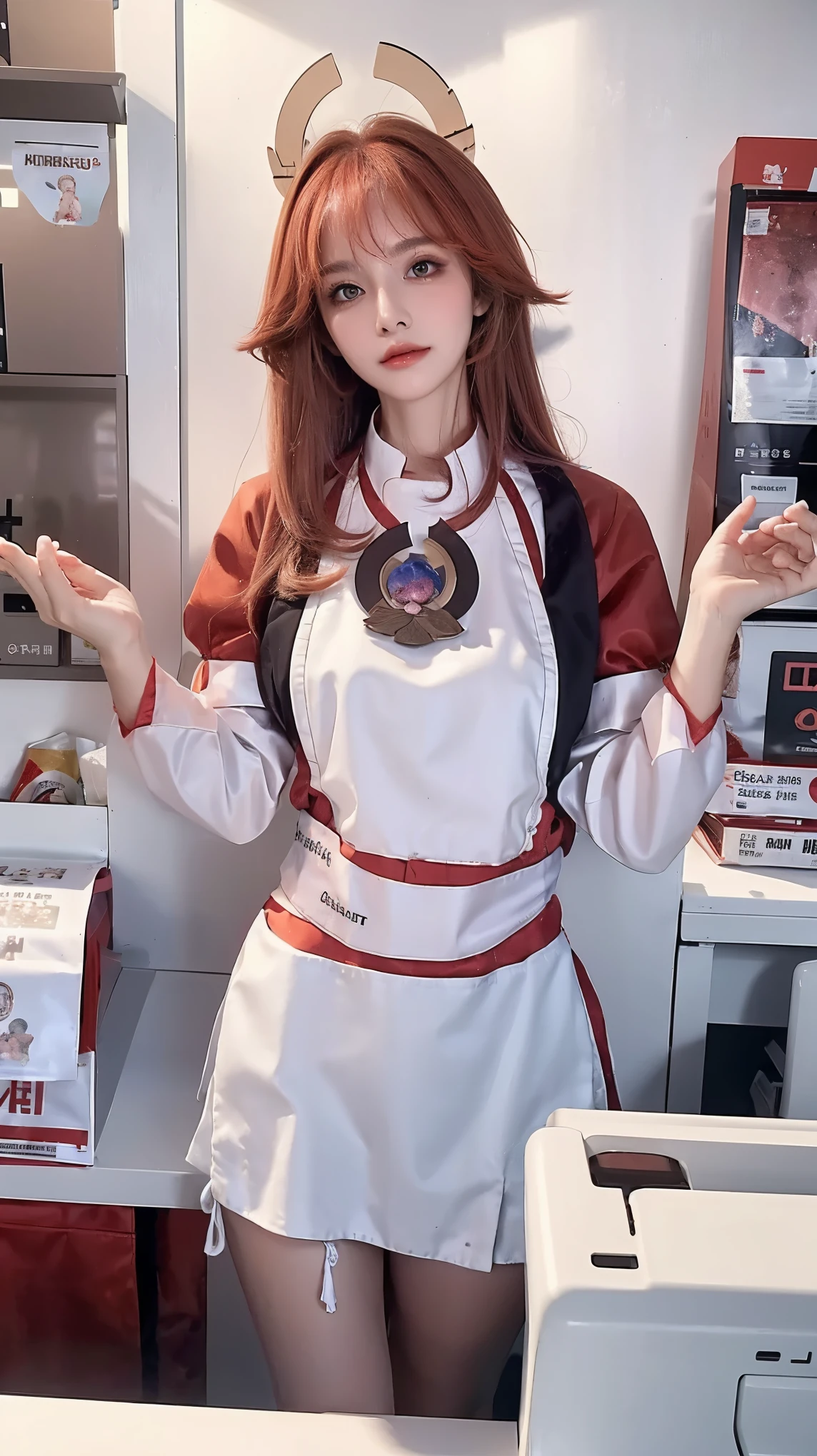 ((best quality)), ((masterpiece)), (detailed), perfect face, pretty face, beautiful female, beautiful body, e cup breast, cashier, minimarket cashier, cashier uniform, white blouse, black apron, mini skirt, perfect body, Stand behind the cashier's desk