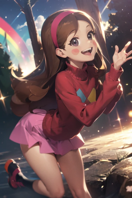(medium:1.1), vibrate colors, Mabel Pines, day, masterpiece, best quality, Mabel, 1girl, , flat chest, beautiful detailed eyes, beautiful detailed lips, landscape, Gravity Falls symbols, depth of field, night, light particles, light rays, sidelighting, thighs, fate \(series\), solo, long hair, red sweater, long sleeves, brown hair, black eyes, pink hairband, rainbow \(symbol\), violet skirt, smile, braces, open mouth, sweet, shoes, blush stickers, round teeth, buck teeth, tree, blue sky, wide hips, outdoors, Gravity Falls style, stars, glitter