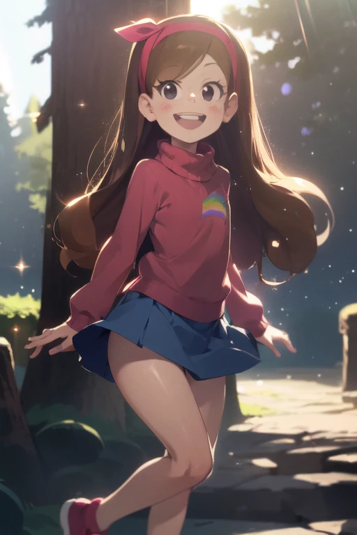 (medium:1.1), vibrate colors, Mabel Pines, day, masterpiece, best quality, Mabel, 1girl, 9yo, flat chest, beautiful detailed eyes, beautiful detailed lips, landscape, Gravity Falls symbols, depth of field, night, light particles, light rays, sidelighting, thighs, fate \(series\), solo, long hair, red sweater, long sleeves, brown hair, black eyes, pink hairband, rainbow \(symbol\), violet skirt, smile, braces, open mouth, sweet, shoes, blush stickers, round teeth, buck teeth, tree, blue sky, wide hips, outdoors, Gravity Falls style, stars, glitter
