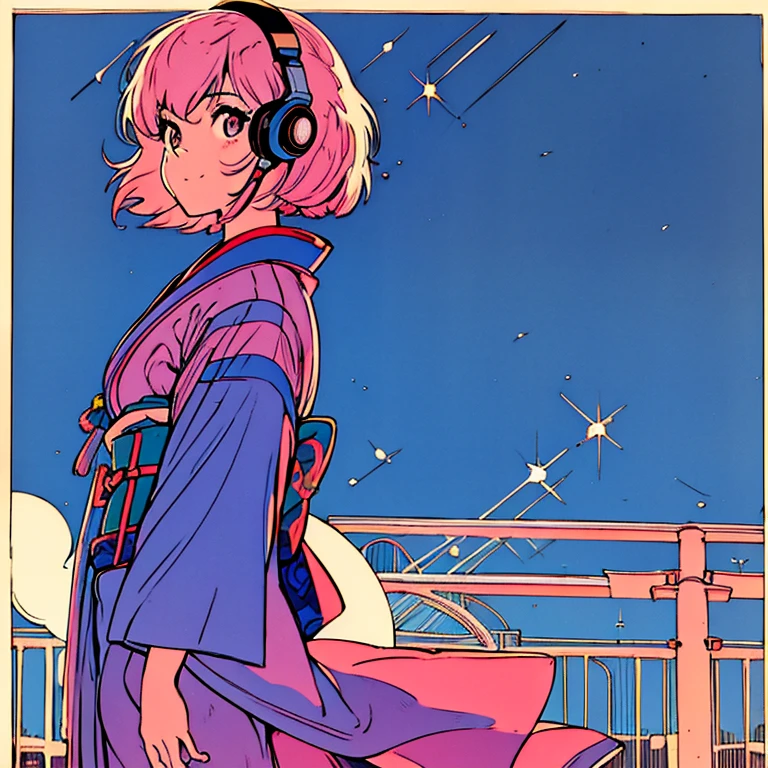 master piece, City Pop style, Pink Hair, fluffy bob cut, wearing headphones, shoulder length, alone, Futuristic, yet, lofi, retro, vintage, Ghost, light smile, starry night sky, ((kimono)), torii, Kyoto, looking away, ((cyborg))