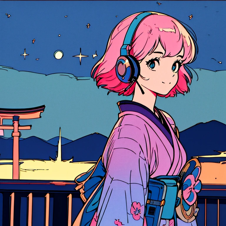 master piece, City Pop style, Pink Hair, fluffy bob cut, wearing headphones, shoulder length, alone, Futuristic, yet, lofi, retro, vintage, Ghost, light smile, starry night sky, ((kimono)), torii, Kyoto, looking away, ((cyborg))