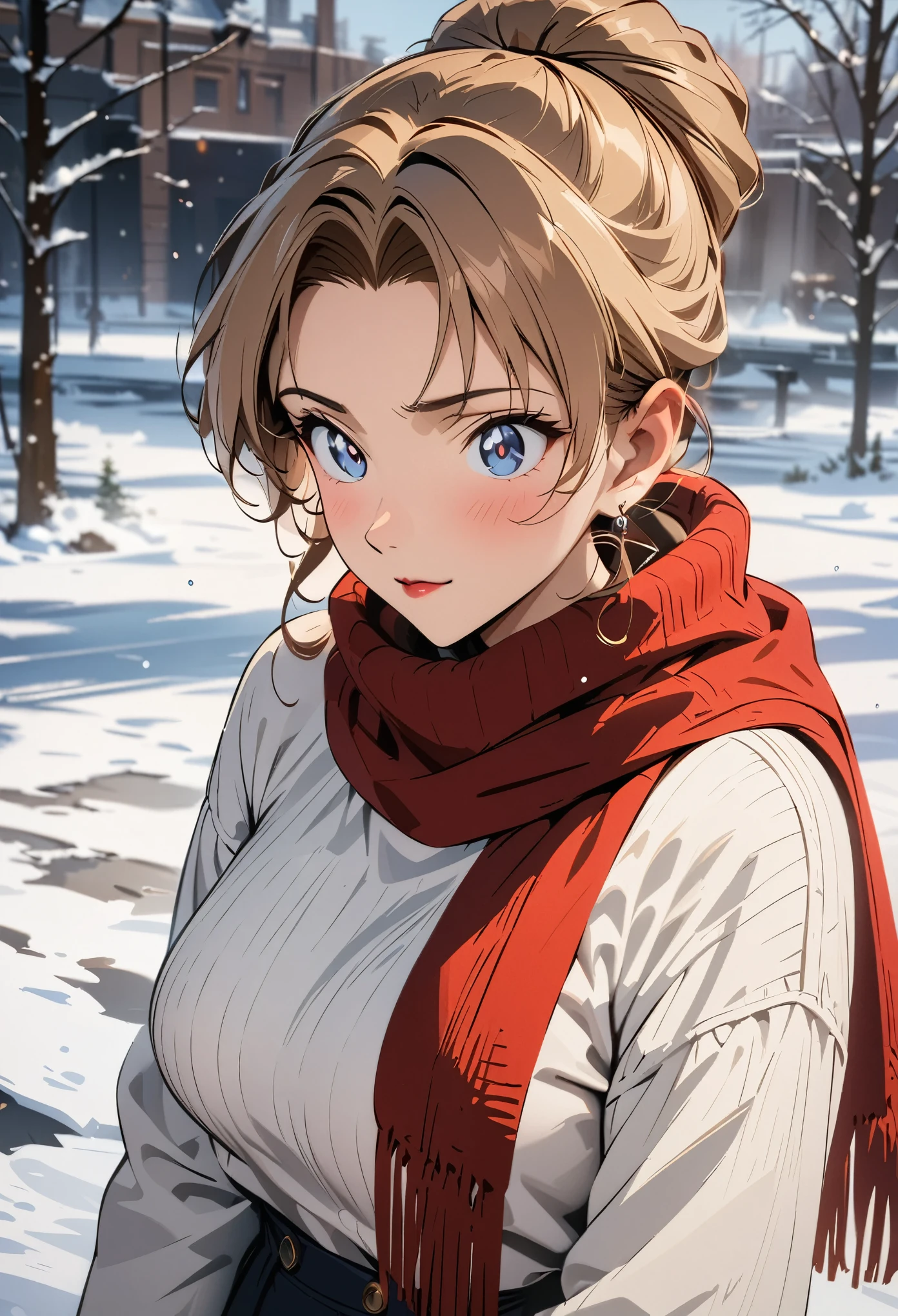 (best quality,4K,8K,highres,masterpiece:1.4), ultra-detailed, detailed face:1.3, white sweater, red scarf, fashionable, winter, snow falling, anime style