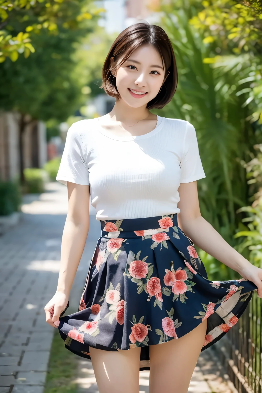 ulzzang-6500-v1.1, (RAW Photos:1.2), (Photorealistic), (Genuine:1.4), (Mastepiece), masterpiece, highest quality, Absurd, Perfect Anatomy, One girl, alone, Pascal Tales, short hair, beautiful, Hilarious, sunny day, botanical garden, Summer winds, Sundress, Floral, Straight Hair, smile, (skirt lift:1.5), Small panties、