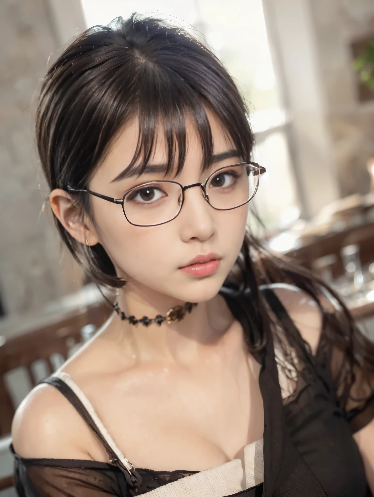 ((artwork、highest quality、Very detailed、High resolution、Realistic、Sharp focus、Cinema Lighting))、(1 girl)、one-shot, Not a failure、Beautiful Face、Realistic Face、(Black Hair、Boys Short Hair、Cut Style、cut out)、Beautiful hairstyle、Realistic eyes、Beautiful and beautiful eyes、Realistic Skin、Beautiful Skin、Capue Organized、charm、Golden Ratio、(Glasses:1.3)