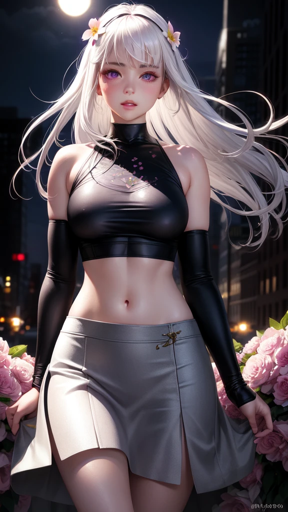 realistic, 1girl, white hair, purple eyes, glowing eyes, crop top, skirt, parted lips, blush, night, flowers, sun, sunlight,