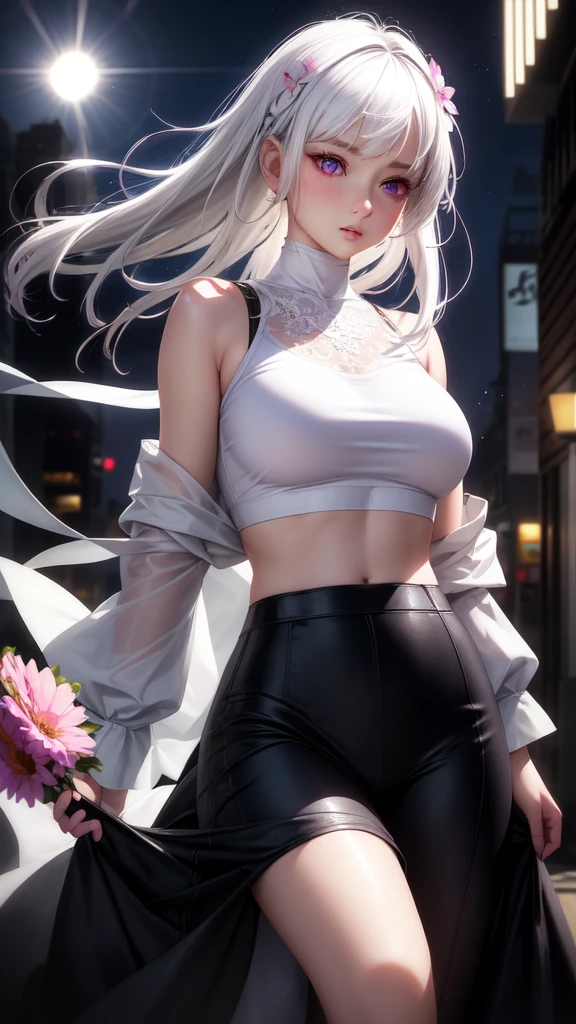 realistic, 1girl, white hair, purple eyes, glowing eyes, crop top, skirt, parted lips, blush, night, flowers, sun, sunlight,