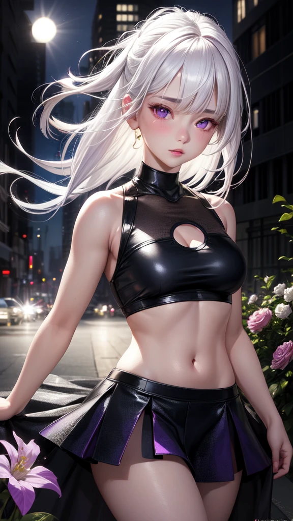 realistic, 1girl, white hair, purple eyes, glowing eyes, crop top, skirt, parted lips, blush, night, flowers, sun, sunlight,