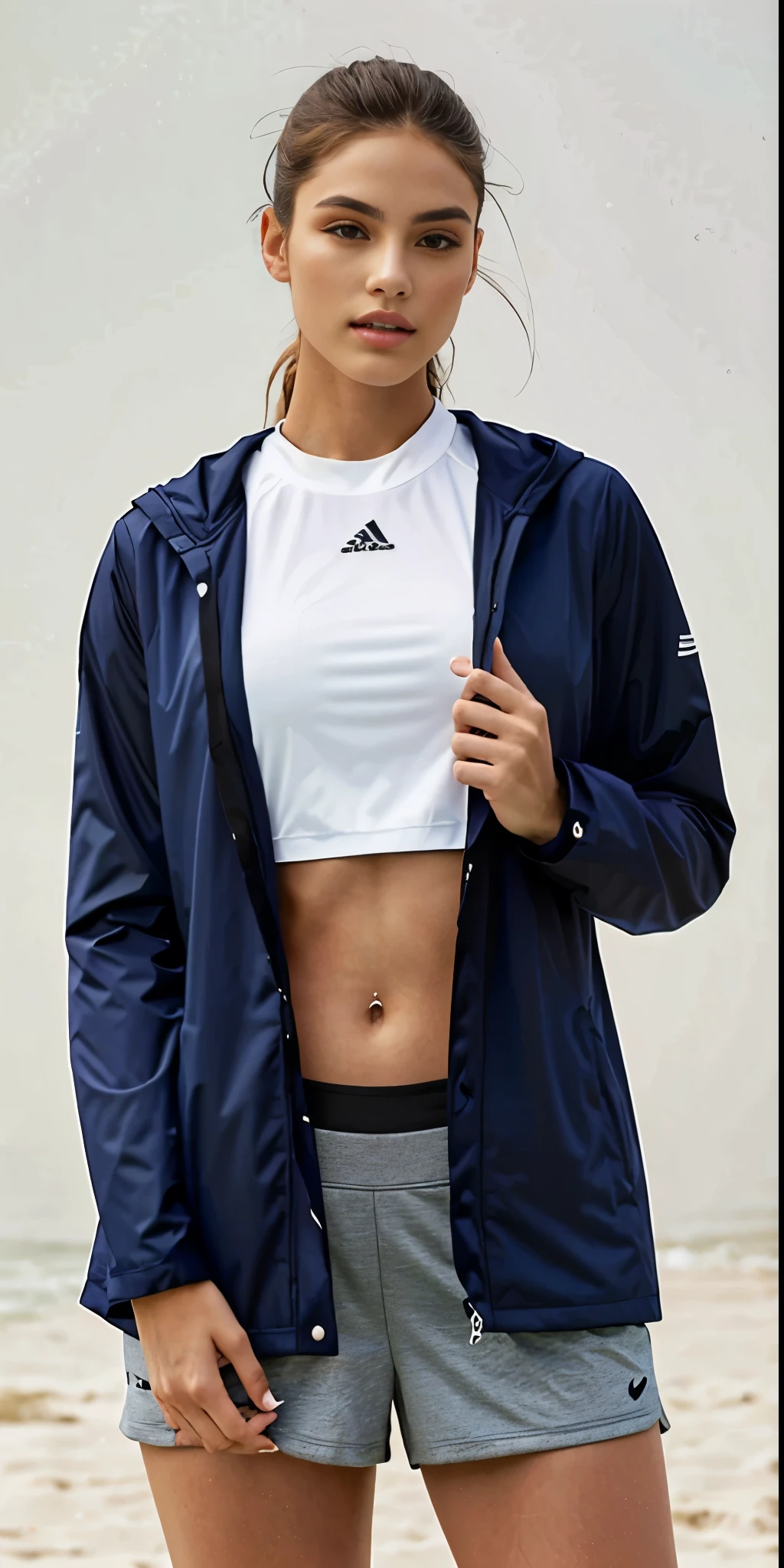 a woman in a white top and black jaqueta posing for a picture, jaqueta over bare torso, roupas esportivas, roupas esportivas, sports jaqueta, marinha, short jaqueta, Usando equipamento de fitness, open jaqueta, wearing jaqueta, imagem de perfil, 2 modelo feminino de 4 s, in tennis coat, blue jaqueta, jaqueta, vestindo um agasalho, cropped shirt with jaqueta
