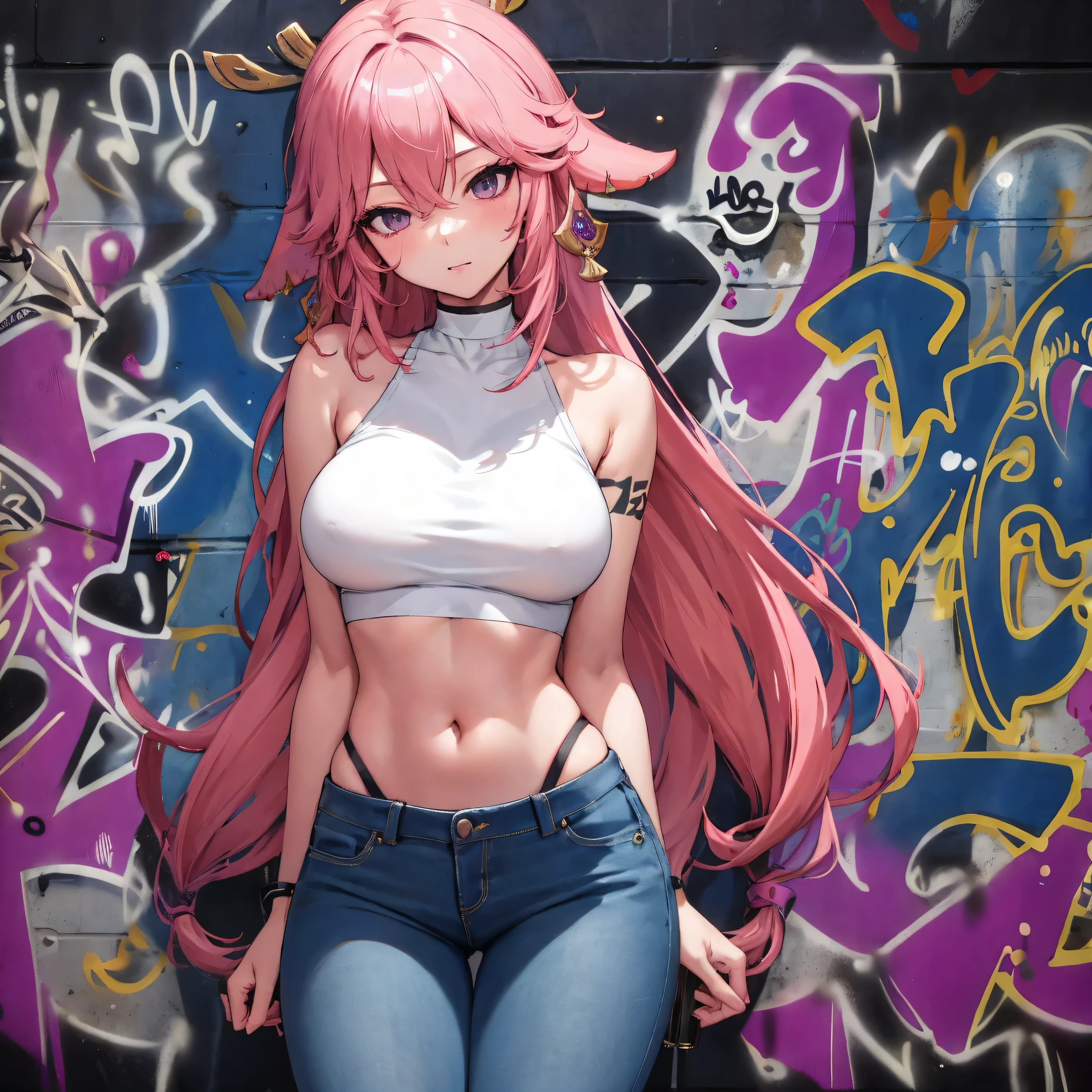 Yae Miko genshin impact, master-piece, bestquality, 1girls,25 years old, proportional body, elongated legs, Beautiful, proportional., crop top, Long Jeans, mediuml breasts, ,bara, crop top, choker, (Graffiti:1.5), Splash with purple lightning pattern., arm behind back, against wall, View viewers from the front., Thigh strap, Head tilt, bored,