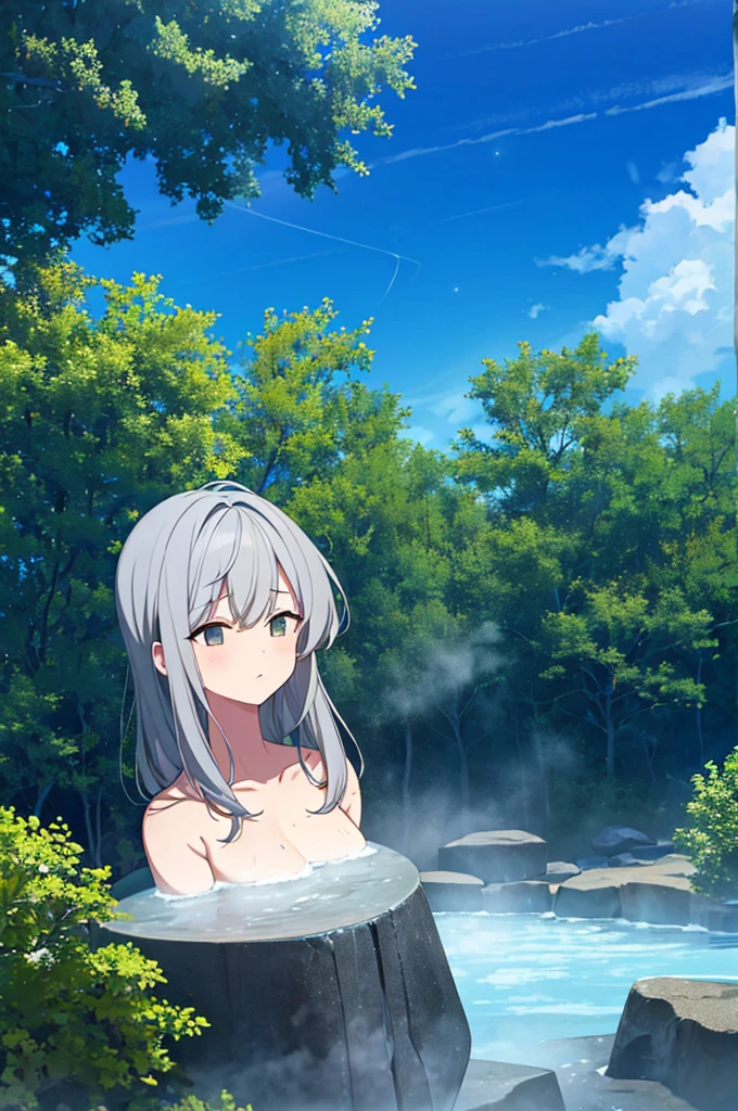 {high quality}, 1girl, gray hair, {bath towel}, {nature bath}, {hot spring}, {open air bath}, view from below, {steam}, {stars shining}, tree behind, rock behind,