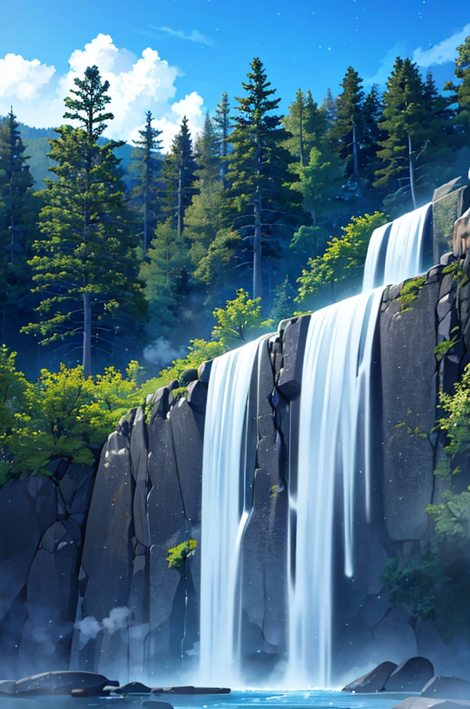{high quality}, 1girl, gray hair, {bath towel}, {nature bath}, {hot spring}, {open air bath}, view from below, {steam}, {stars shining}, tree behind, rock behind,