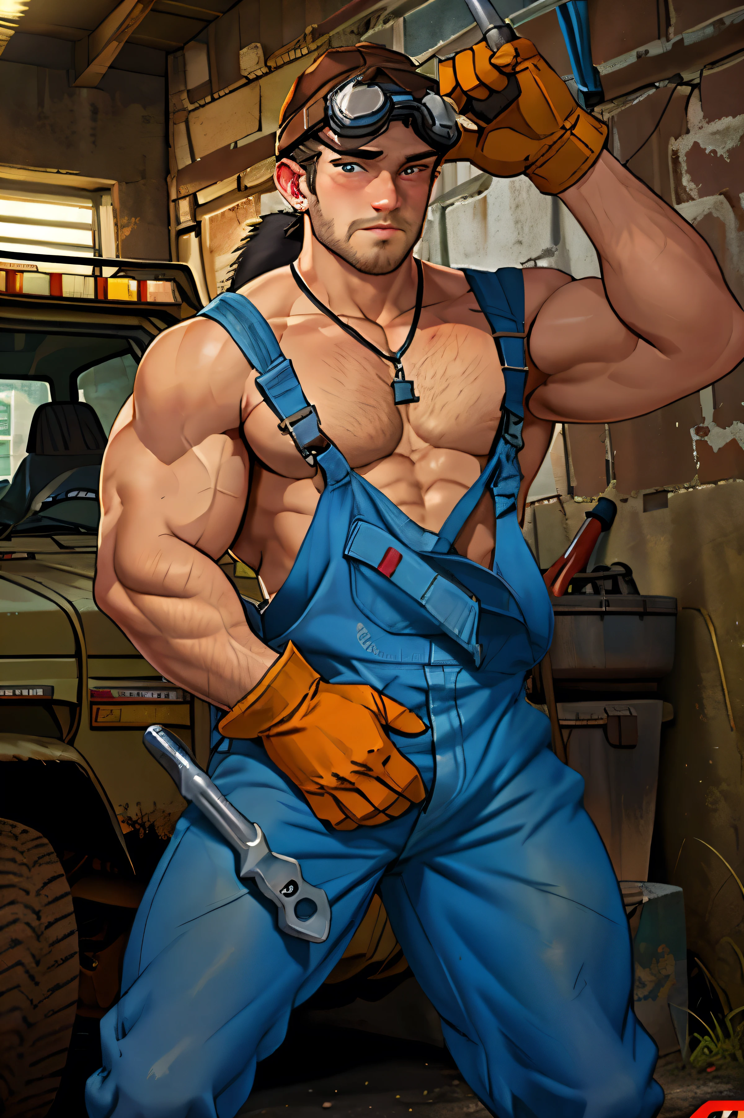 Disney,animation,papel de parede 8k,Um belo homem musculoso de 30 anos,ombros largos,(corpo gordo),mamilo inchado,ursos musculosos,gordinho,peitorais largos,
Mechanical overalls,naked overalls,luvas,segurando a chave,glasses on head,Hat back,in front of the off-road vehicle,
relaxado,brincos,etiqueta de cachorro,pernas abertas,coxas grossas,obra de arte,melhor qualidade,Altamente detalhado,perfect lighting,