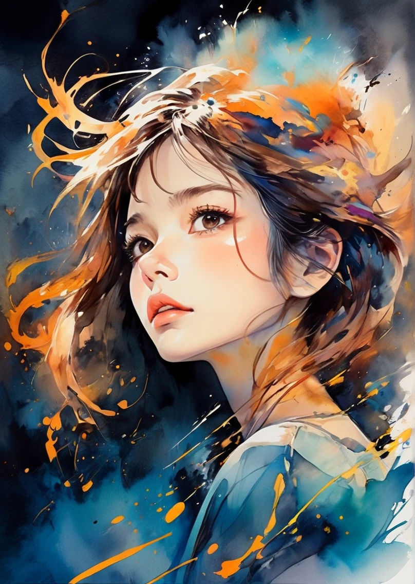 Absurd, High resolution, Super detailed, (One girl:1.3), Cute breaking expressive brush strokes, Ink painting, Gradation, , Poetic atmosphere, A delicate balance, fluid motion , Section