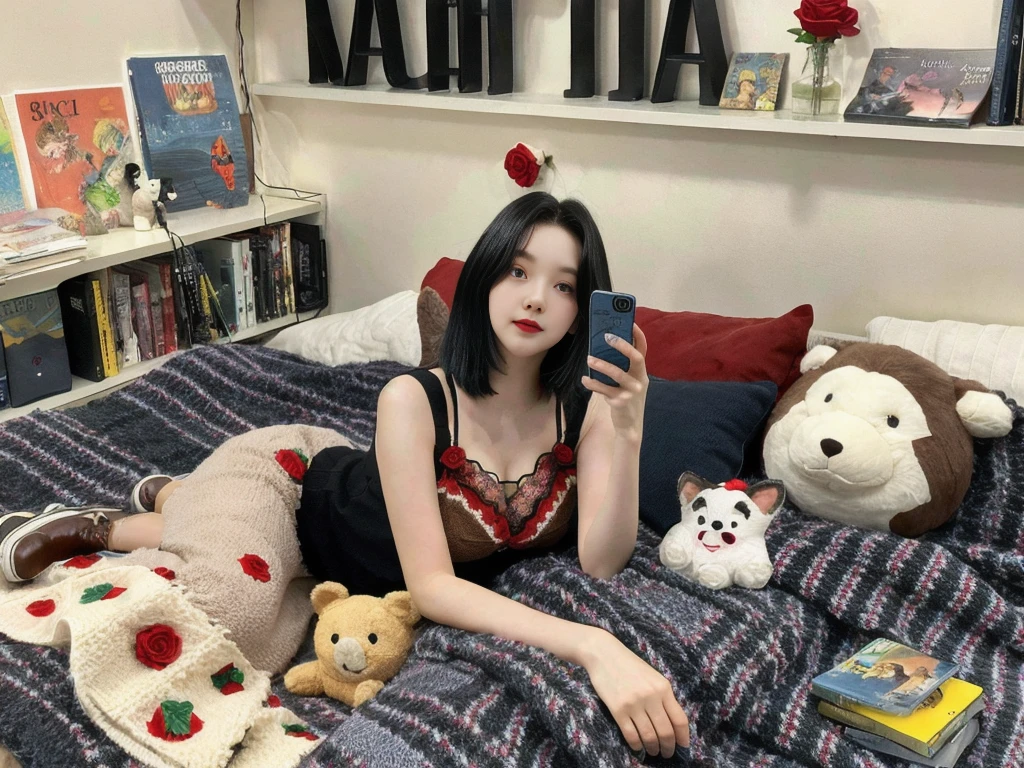 1 20-year-old Korean woman, Master Classes, best quality, illustration, alone, black hair, brown eyes, rose, short hair, sexy body, touch, computer, monitor, controller, comfortable, crummy, toy, poster, etc., bed, lying down, Holding a smartphone and talking on the phone, Rejoicing, cozy atmosphere, warm etc., flowers, plant, books, comic book, novel, stuffed animals, statue, poster, movie, poster, reel, sticker, 장plant, bed, blanket, pillow, stuffed animals, cozy blanket, warm blanket, sleeveless lingerie, short skirt, nail art, light makeup, late at night, korean