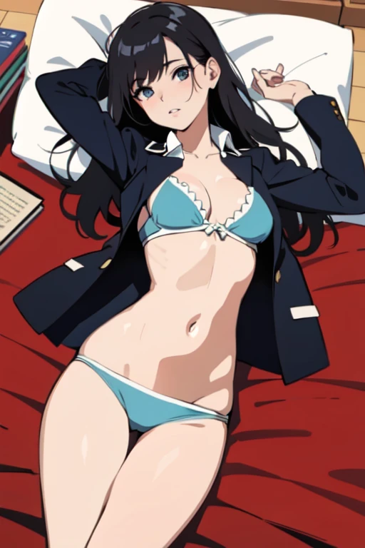 Bragas colegiala, estudiando en la cama, cuerpo completo