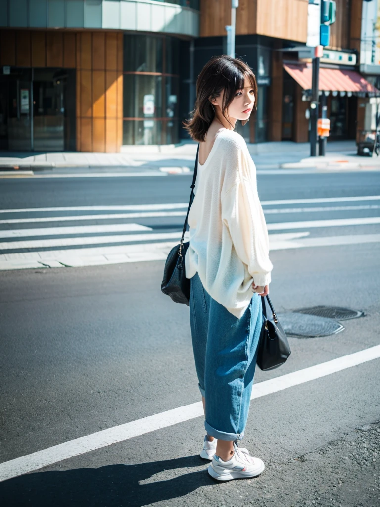 Japanese, female, alone, whole body,
Fashionable,
walking,
Photo from behind,
looking straight ahead