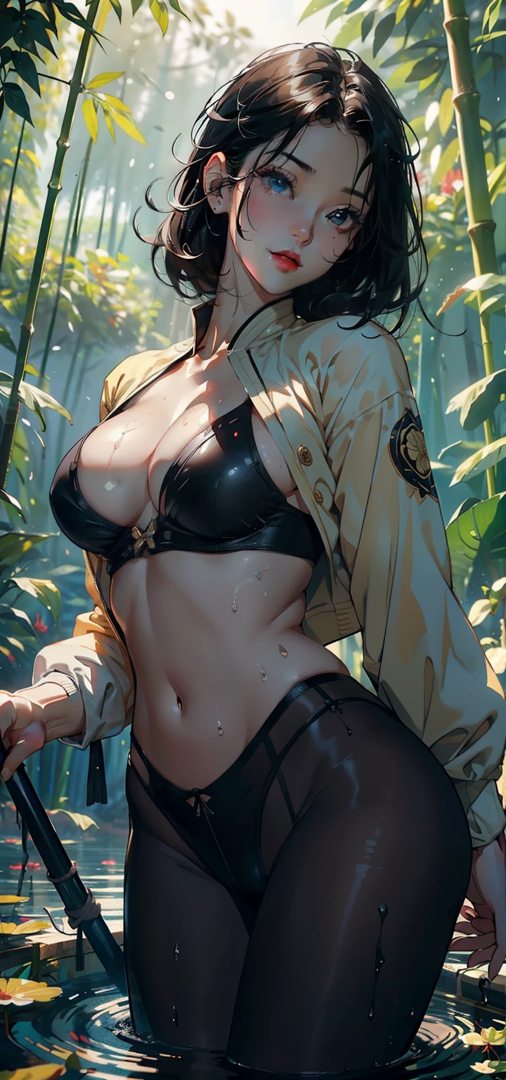 ，Maximum chest，Convex起性感，exposure， solo，（background：Surrounded by lotuss，bamboo forest，lotus池，lotus，lotus，Rose，Rosette，chrysanthemum） She has short black hair，standing underwater，Sweating，Soaked，从front看， Straight Hair， partly cloudy，（（（masterpiece），（Very detailed CG unified 8K wallpaper），Best quality，Movie Lighting，細緻的background，Beautiful and delicate eyes，Smart pupils，（Very delicate and beautiful），（Beautiful and detailed description of the eyes），black eyes，Red lips，Super detailed，masterpiece，）），Facing the camera，（Upper part of the body），high resolution，Super detailed），Exposing breasts，Exposed genitals，  Convex，Legs open，Sexy pose，camel toe，Flushed face，Open your mouth，front，Aerial，Hammerhead，lotus发饰（Wear：Green Bomber Jacket，Black pantyhose）