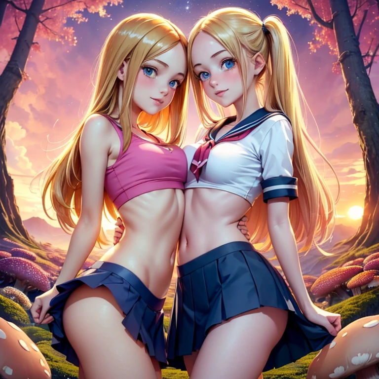 (masterpiece, best quality:1.4), (8K), Young blonde beauty, (((2 girls in love, 18 years old, neat girl))), detailed blue eyes, long eyelashes, blush, kind smile, upper body, sailor uniform top, crop top, underboob, small ass, slender thin legs, pink skirt, (looking at viewer), beautiful blonde hair, white-skinned, long hair, bangs, pigtails, squeezing (medium size breasts), (mushroom forest, celestial forest, beautiful and magnificent pink sunshine, majestic sky), colorful natural light)