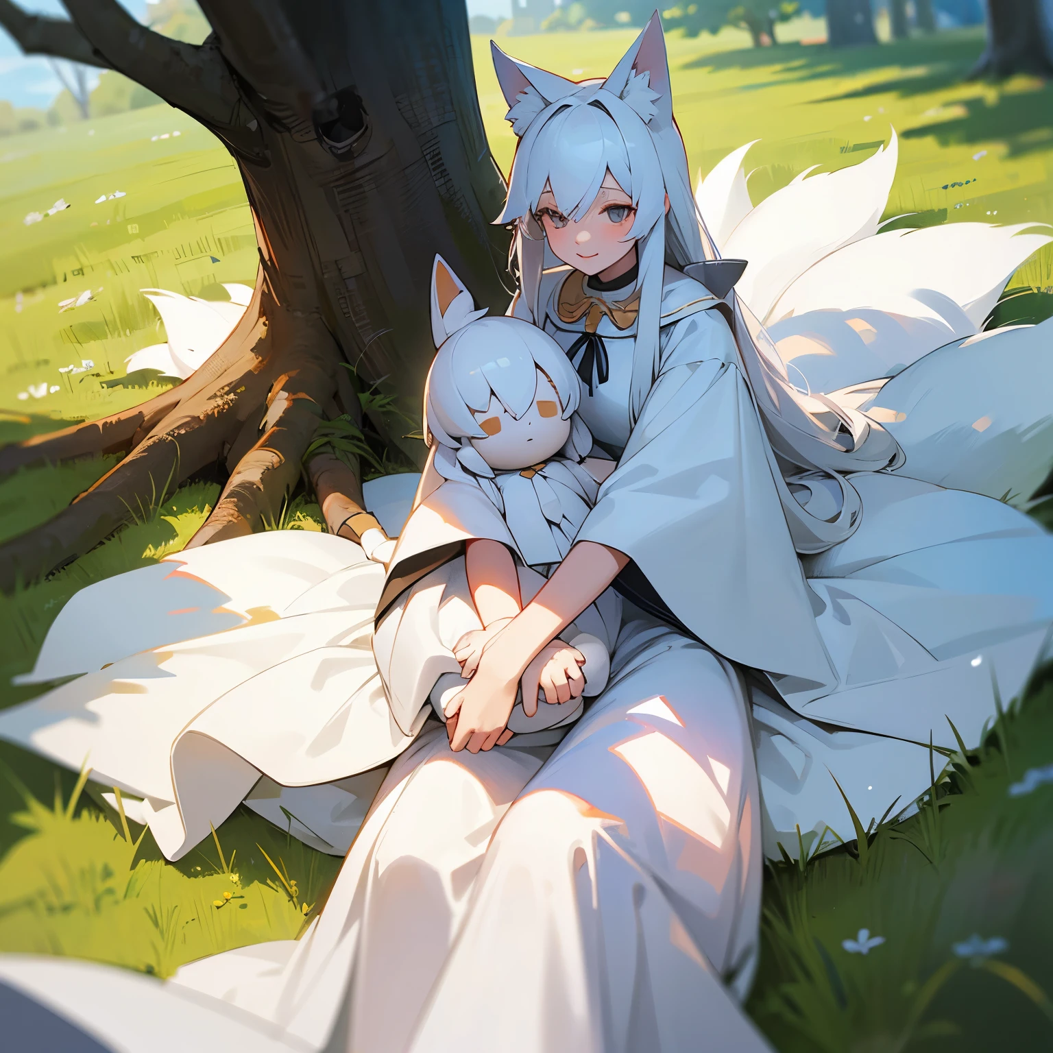 White haired fox girl, white dress laying under the tree holding her boyfriend doll