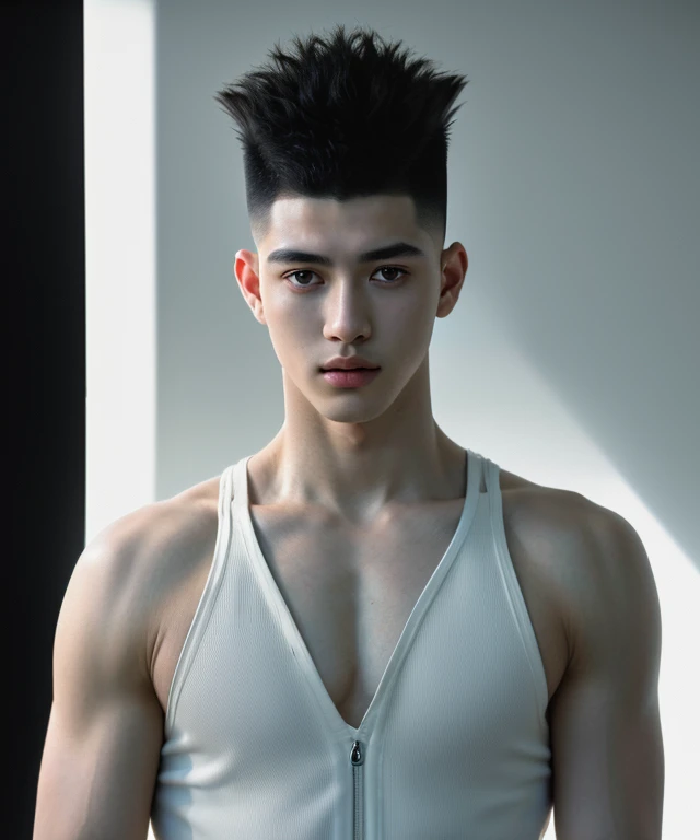 (8k, RAW Photos, highest quality,High resolution, masterpiece: 1.2). (Realistic, Realistic: 1.5),((Light on face:1.2)),((Cinema Lighting:1.3 )),(Photorealism:1.4),(Real Image),(Photographic images),20-year-old,((Japanese)),(male:1.3), (High Top Fade:1.5), Dark Theme, Calm tone, Calm colors, High Contrast, (Natural skin texture, Hyperrealism, Soft Light, sharp),(Black suit:1.2)