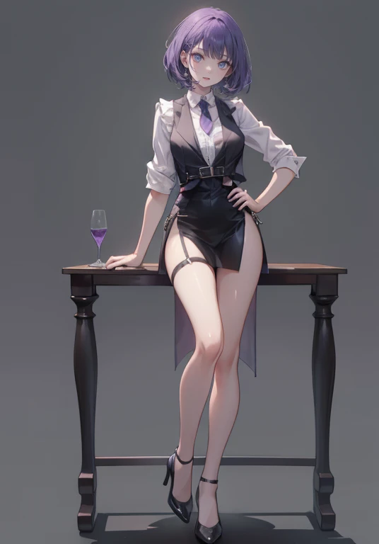 ((Perfect Face)),Purple Hair,Shortcuts,Adult female,bartender,((Harness)),Black vest,((Shirt with rolled up sleeves)),tie,((slit)),High heels,,((Simple Background)),smile,((whole body)),((full body)),Character portrait,upright,,Both arms are lowered,upright,