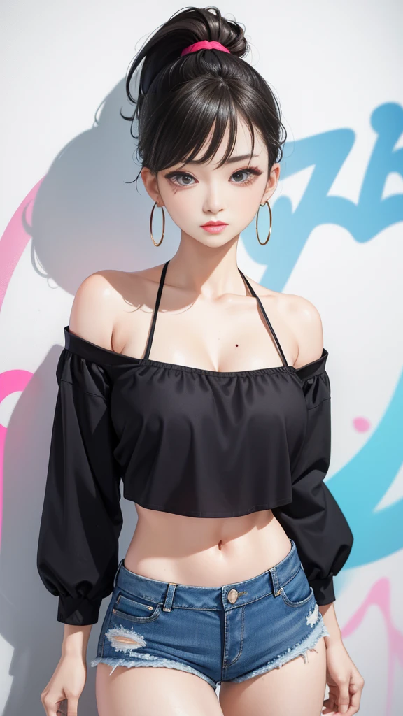 (masterpiece), (portrait), big breasts (aesthetic), ((1 female 21 years old)), Highlight earrings), ((Short hair)), ((Black hair)) , Straight hair, Ponytail , eyes wide open, brown eyes, cute, female, woman, feminine, beautiful, female features, top, high quality, aesthetic clothing, professional angle, (rule of thirds), (female), (female), (female) , (beautiful), (female features), solo,(attractive Korean), summer, (ink mist), (afternoon), (vibrant light), ((expressive postures)), (Hands on hips), ((Face looking straight ahead)), ((Energetic)), (Bold makeup), (Big bust), (Confident appearance), Fair skin, (Clothes with hip hop details), (Crop Top), (Denim shorts), ( Halter Neck neckline), ((Graffiti Wall Background)), (Medium Shot Shot), beautiful hands, two hands, normal hands, two arms, full hands, beautiful body, beautiful fingers, normal fingers, five fingers, five fingers, ears pretty, normal ears, pretty eyes, bright eyes, pretty mouth, pretty lips,