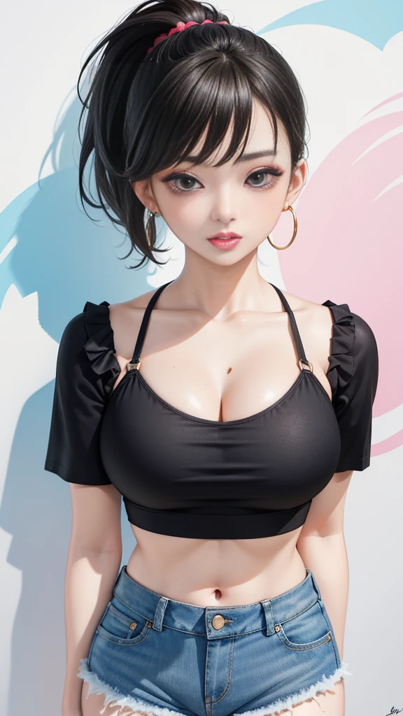 (masterpiece), (portrait), big breasts (aesthetic), ((1 female 21 years old)), Highlight earrings), ((Short hair)), ((Black hair)) , Straight hair, Ponytail , eyes wide open, brown eyes, cute, female, woman, feminine, beautiful, female features, top, high quality, aesthetic clothing, professional angle, (rule of thirds), (female), (female), (female) , (beautiful), (female features), solo,(attractive Korean), summer, (ink mist), (afternoon), (vibrant light), ((expressive postures)), (Hands on hips), ((Face looking straight ahead)), ((Energetic)), (Bold makeup), (Big bust), (Confident appearance), Fair skin, (Clothes with hip hop details), (Crop Top), (Denim shorts), ( Halter Neck neckline), ((Graffiti Wall Background)), (Medium Shot Shot), beautiful hands, two hands, normal hands, two arms, full hands, beautiful body, beautiful fingers, normal fingers, five fingers, five fingers, ears pretty, normal ears, pretty eyes, bright eyes, pretty mouth, pretty lips,