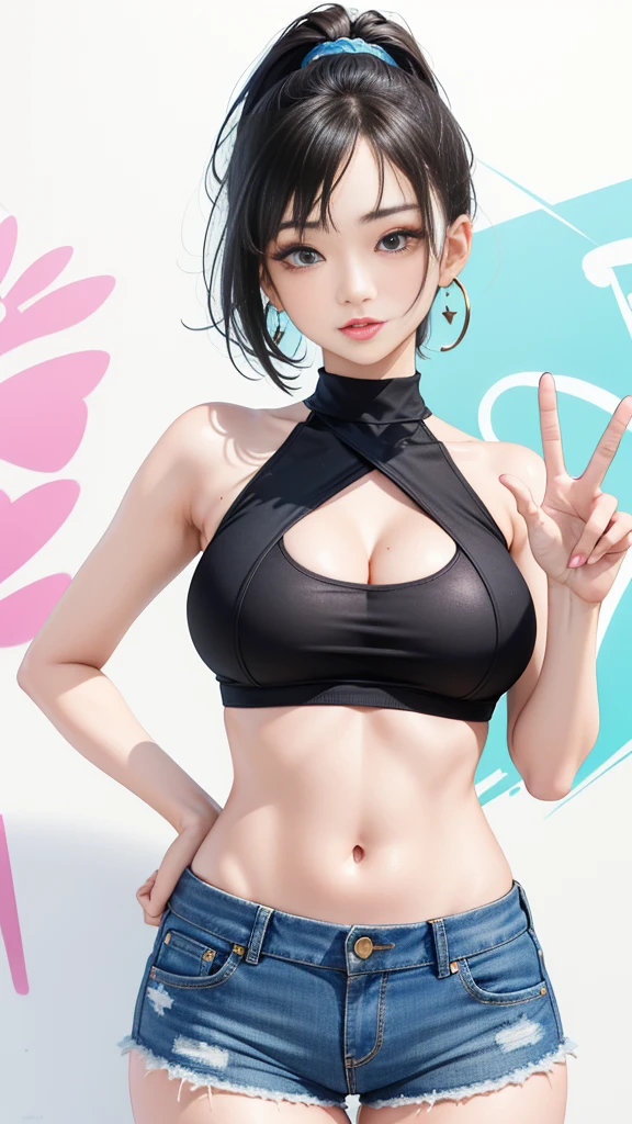 (masterpiece), (portrait), big breasts (aesthetic), ((1 female 21 years old)), Highlight earrings), ((Short hair)), ((Black hair)) , Straight hair, Ponytail , eyes wide open, brown eyes, cute, female, woman, feminine, beautiful, female features, top, high quality, aesthetic clothing, professional angle, (rule of thirds), (female), (female), (female) , (beautiful), (female features), solo,(attractive Korean), summer, (ink mist), (afternoon), (vibrant light), ((expressive postures)), (Hands on hips), ((Face looking straight ahead)), ((Energetic)), (Bold makeup), (Big bust), (Confident appearance), Fair skin, (Clothes with hip hop details), (Crop Top), (Denim shorts), ( Halter Neck neckline), ((Graffiti Wall Background)), (Medium Shot Shot), beautiful hands, two hands, normal hands, two arms, full hands, beautiful body, beautiful fingers, normal fingers, five fingers, five fingers, ears pretty, normal ears, pretty eyes, bright eyes, pretty mouth, pretty lips,