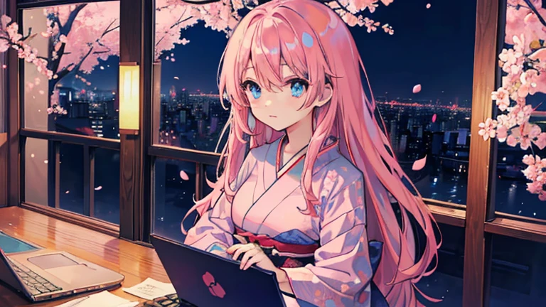 Anime images of Japan、 Out of the window、 Tokyo cityscape、 night view、 cherry blossoms、 enlarge the view、1People Girl、 blue eyes、 Pink long hair、 looking at laptop in room、 Size is 16:9 please