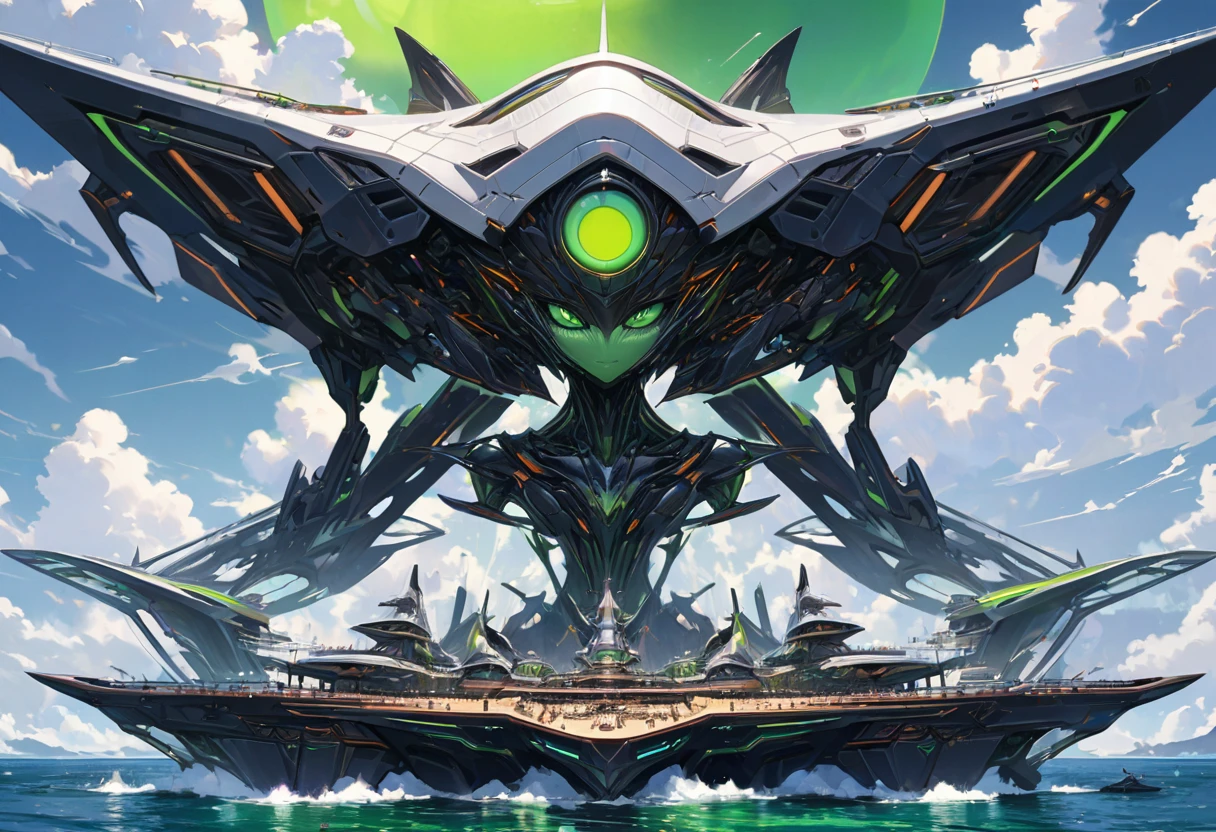 High-tech fantastic Floating a very complex ship from the future on the dark undulating waters of an unknown sea, a high-tech fantastic complex ship is shown in detail, sailing on the sea, fantastic and beautiful view around, white clouds, (green sun):1.3, an alien alien stands on the fantastic deck of the ship and looks at the viewer, high quality, high resolution, masterwork, masterpiece, clear, 32k, cartoon style, pixar