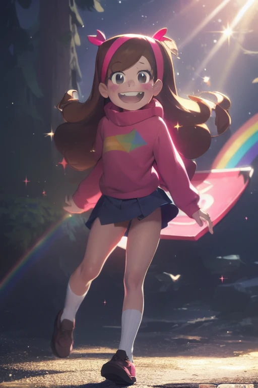 (medium:1.1), vibrate colors, Mabel Pines, day, masterpiece, best quality, Mabel, 1girl, 9yo, flat chest, beautiful detailed eyes, beautiful detailed lips, landscape, Gravity Falls symbols, depth of field, night, light particles, light rays, sidelighting, thighs, fate \(series\), solo, long hair, red sweater, long sleeves, brown hair, black eyes, pink hairband, rainbow \(symbol\), violet skirt, smile, braces, open mouth, sweet, shoes, blush stickers, round teeth, buck teeth, tree, blue sky, wide hips, outdoors, Gravity Falls style, stars, glitter
