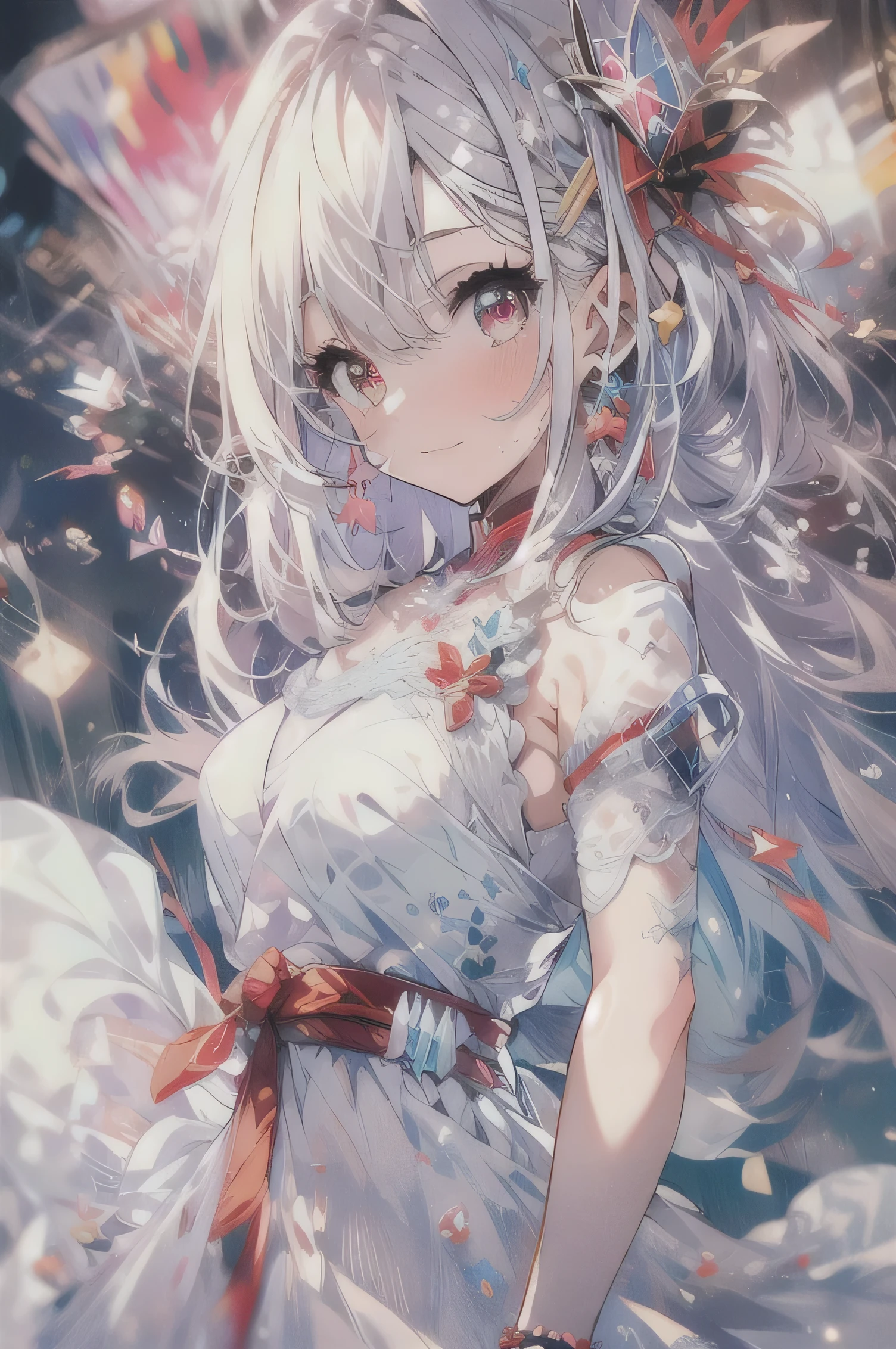 (((masterpiece)))、(((highest quality)))、((Ultra-detailed))、(Awareness-raising)、((Very delicate and beautiful))、Bright smile、floating、(Detailed light) (One Girl)、、solo、The length-haired、The wind is blowing、world、(cute eyes)、Realistic, Ultra-detailed, (Shiny skin, full of sweat:1.4), View your viewers, thin, alone, Mini skirt, Long hair, White hair, Red eyes, (Thick thighs:0.5), Dynamic Lighting, High resolution, Sharp focus, Depth of written boundary, Medium chest, Tabletop, highest quality, Very detailed, figure, Very detailed face, highest qualityの顔, Adult, One Girl, 18-year-old, Adult, Intricate and elaborate costumes, Sexy pose, Shiny red dress, cute, cute, Digital Art, Detailed drawn eyes, blush, Red cheeks, Realistic, Glowing Eyes, Fluffy jumper, skirt, Lips parted, blush, night, cute, cute, Digital Art, Detailed drawn eyes, Embarrassed expression, length_hair, blush, moon, star_\(Sky Porn\), starsky_Sky Porn, full_moon, Realistic, Asian, woman, Mix 4,There are many things lined up,