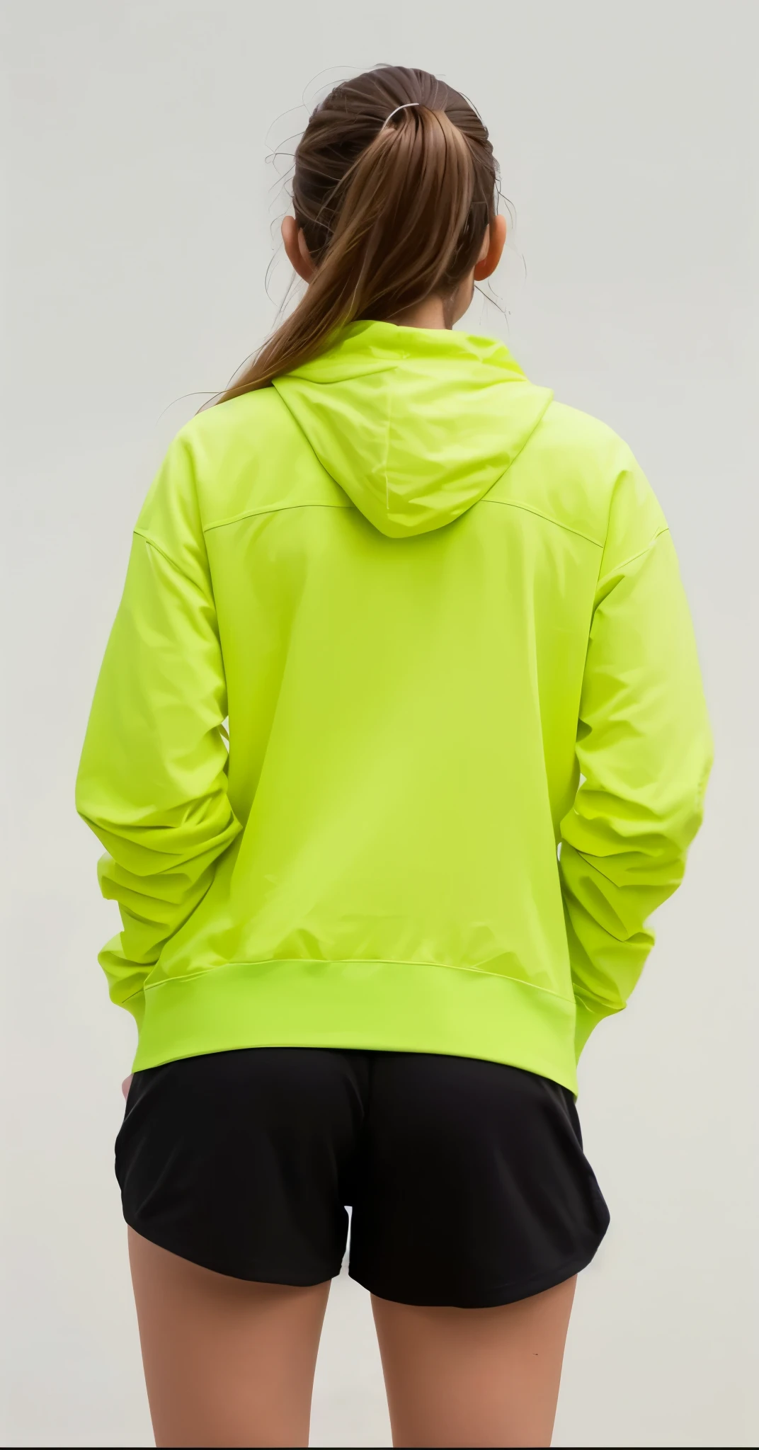 a woman in a yellow jaqueta and black shorts standing, roupas esportivas, roupas esportivas, vista traseira, vista traseira also, Green Lemon, sports jaqueta, vista traseira, de volta - tiro, verde neon, vestindo um moletom amarelo, jaqueta, roupas verdes, Hodie Mihi Cras Tibi, vestindo roupas de alta visibilidade, material reflexivo, 3 / 4 vista traseira
