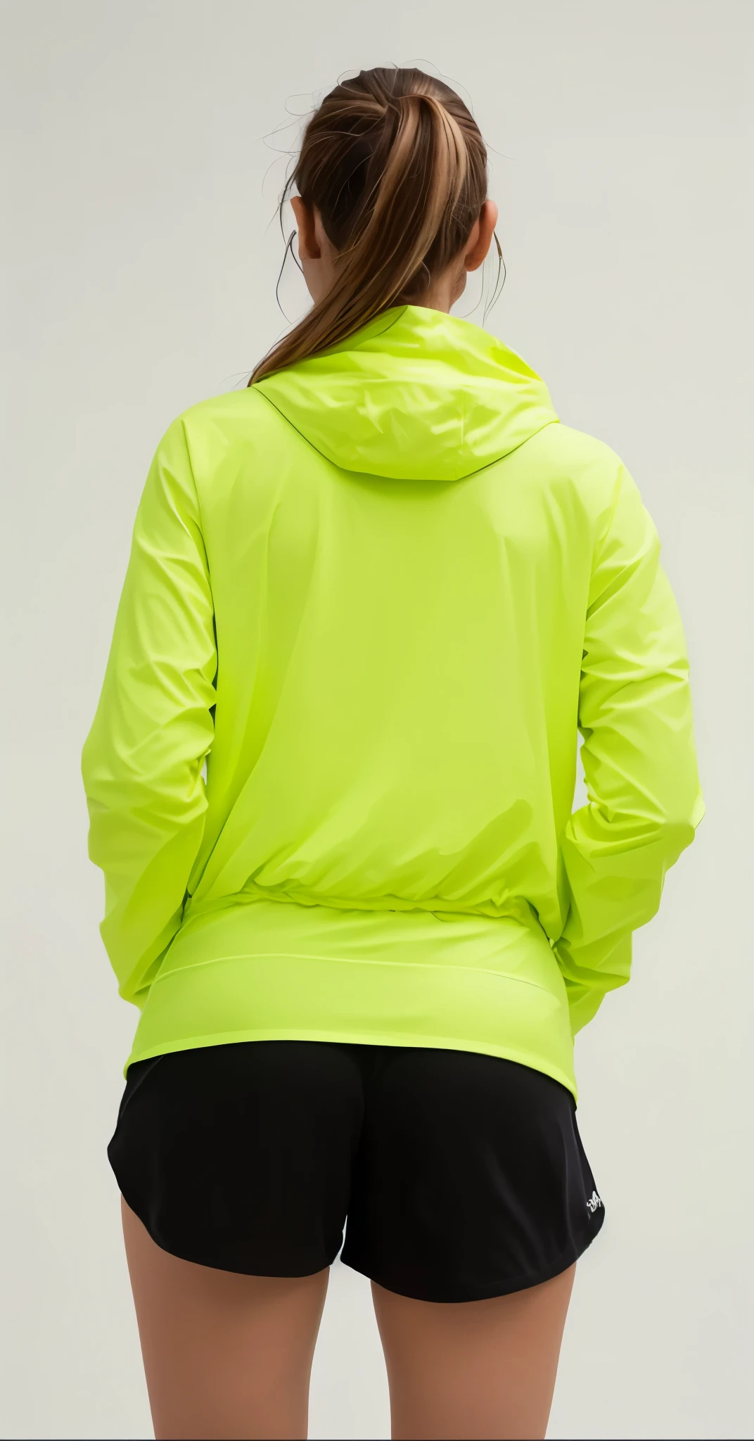 a woman in a yellow jaqueta and black shorts standing, roupas esportivas, roupas esportivas, vista traseira, vista traseira also, Green Lemon, sports jaqueta, vista traseira, de volta - tiro, verde neon, vestindo um moletom amarelo, jaqueta, roupas verdes, Hodie Mihi Cras Tibi, vestindo roupas de alta visibilidade, material reflexivo, 3 / 4 vista traseira