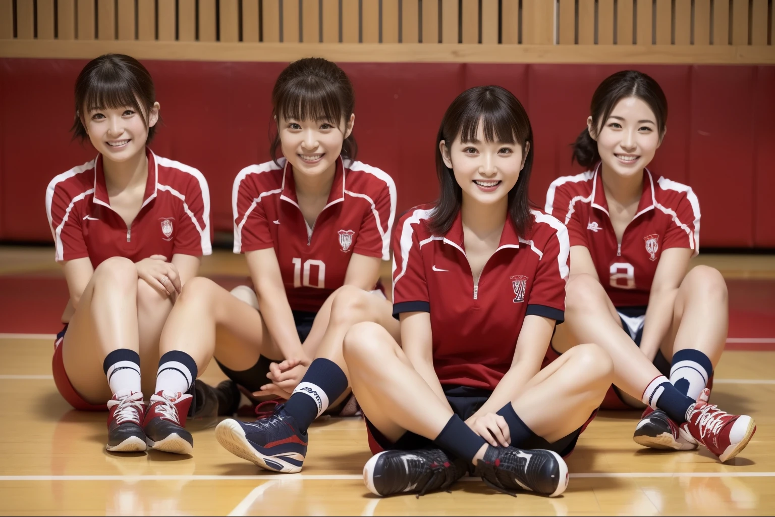 ((highest quality, 8k, Representative works in detail, Ultra-high resolution)), (Group photo of Japanese women), Only Japanese、(Looking at the audience), (Mid Shot:), Vlize、Attractive Japanesevolleyball players、Beautiful 純粋なJapaneseのみ、JapaneseWomen Only , Long legs、tall、A little chubby:0.25,Large bust、Japanese、 Red volleyball uniform、Short sleeve shirt,Shorts、Knee support、Sports boots、Sitting on the floor of the gymnasium)), Japanese、smile,sweating、