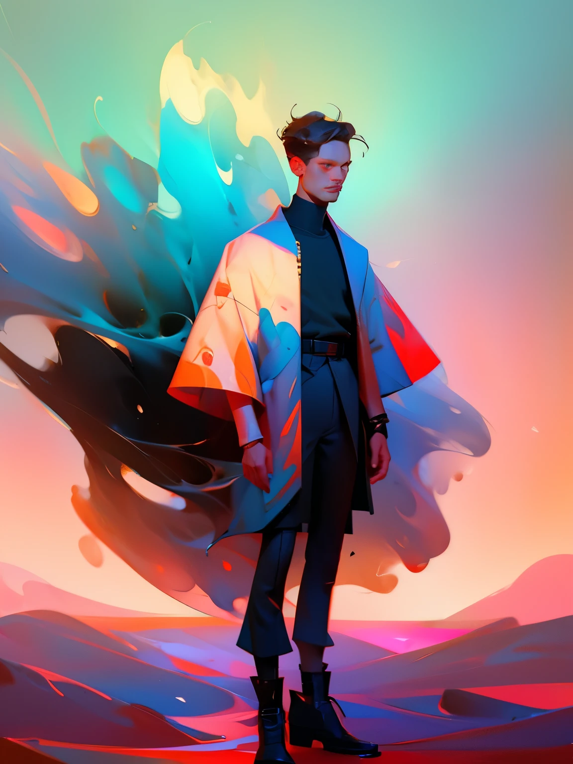 Man wearing trendy clothes, in an abstract oil painting style, fashion show, The painting is ultra-high detailed and has a resolution of 8k, showcasing the best quality and craftsmanship. The background is colorful, with a touch of fog and mist, creating a mysterious atmosphere. There is a subtle lens flare effect, adding a dynamic element to the artwork. This painting aims to be reminiscent of luxury brand advertising, showcasing the beauty and elegance of the fashion world.