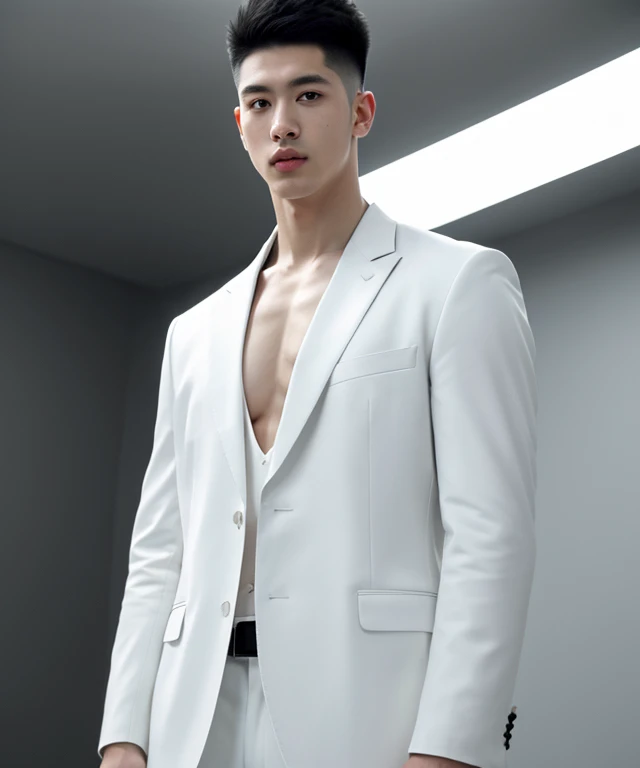 (8k, RAW Photos, highest quality,High resolution, masterpiece: 1.2). (Realistic, Realistic: 1.5),((Light on face:1.2)),((Cinema Lighting:1.3 )),(Photorealism:1.4),(Real Image),(Photographic images),20-year-old,((Japanese)),(male:1.3), (High Top Fade:1.5), Dark Theme, Calm tone, Calm colors, High Contrast, (Natural skin texture, Hyperrealism, Soft Light, sharp),(Black suit:1.4),(White dress shirt)