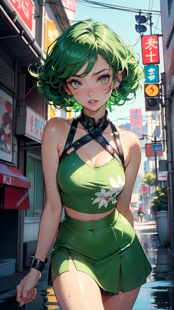 girl youtuber,(((1girl))),((extremely cute and beautiful green curly-haired girl)),

(short breasts:1.4),(((green curly hair:1.35,very curly hair,colored inner hair,ear breathing,short hair))),(((green_eyes:1.3))),intricate eyes,beautiful detailed eyes,symmetrical eyes,big eyes:1.3,((fat)),(((lustrous skin:1.5,bright skin: 1.5,skin tanned,shiny skin,very shiny skin,shiny body,plastic glitter skin,exaggerated shiny skin,illuminated skin,wet legs))),detailed body,(detailed face),

cute,slutty,seductive,erotic,(((nsfw))),

zettai ryouiki,revealing clothing,show skin,((rave mini-skirt,visible thong straps,white loose tank top with an anime art print)),((wet clothes,intricate outfit,intricate clothes)),

(dynamic pose:1.0),embarrassed,(centered,scale to fit dimensions,Rule of thirds),

cyberpunk city by the ocean at night, with bright neon signs and dark stormy clouds and puddles, scenery:1.25,

artistic photography,(photography taken by sldr),highres, sharp focus, (ultra detailed, extremely detailed), (photorealistic artwork:1.37),(extremely detailed CG unity 8k wallpaper),((synthwave background theme)),(((vibrant colors))),(intricate background),(masterpiece),(best quality),