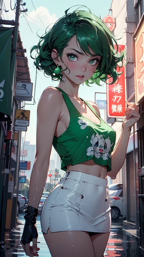 girl youtuber,(((1girl))),((extremely cute and beautiful green curly-haired girl)),

(short breasts:1.4),(((green curly hair:1.35,very curly hair,colored inner hair,ear breathing,short hair))),(((green_eyes:1.3))),intricate eyes,beautiful detailed eyes,symmetrical eyes,big eyes:1.3,((fat)),(((lustrous skin:1.5,bright skin: 1.5,skin tanned,shiny skin,very shiny skin,shiny body,plastic glitter skin,exaggerated shiny skin,illuminated skin,wet legs))),detailed body,(detailed face),

cute,slutty,seductive,erotic,(((nsfw))),

zettai ryouiki,revealing clothing,show skin,((rave mini-skirt,visible thong straps,white loose tank top with an anime art print)),((wet clothes,intricate outfit,intricate clothes)),

(dynamic pose:1.0),embarrassed,(centered,scale to fit dimensions,Rule of thirds),

cyberpunk city by the ocean at night, with bright neon signs and dark stormy clouds and puddles, scenery:1.25,

artistic photography,(photography taken by sldr),highres, sharp focus, (ultra detailed, extremely detailed), (photorealistic artwork:1.37),(extremely detailed CG unity 8k wallpaper),((synthwave background theme)),(((vibrant colors))),(intricate background),(masterpiece),(best quality),