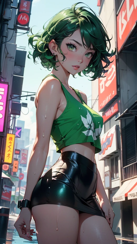 girl youtuber,(((1girl))),((extremely cute and beautiful green curly-haired girl)),
(short breasts:1.4),(((green curly hair:1.35,very curly hair,colored inner hair,ear breathing,short hair))),(((green_eyes:1.3))),intricate eyes,beautiful detailed eyes,symmetrical eyes,big eyes:1.3,((fat)),(((lustrous skin:1.5,bright skin: 1.5,skin tanned,shiny skin,very shiny skin,shiny body,plastic glitter skin,exaggerated shiny skin,illuminated skin,wet legs))),detailed body,(detailed face),
cute,slutty,seductive,erotic,(((nsfw))),
zettai ryouiki,revealing clothing,show skin,((rave mini-skirt,visible thong straps,white loose tank top with an anime art print)),((wet clothes,intricate outfit,intricate clothes)),
(dynamic pose:1.0),embarrassed,(centered,scale to fit dimensions,Rule of thirds),
cyberpunk city by the ocean at night, with bright neon signs and dark stormy clouds and puddles, scenery:1.25,
artistic photography,(photography taken by sldr),highres, sharp focus, (ultra detailed, extremely detailed), (photorealistic artwork:1.37),(extremely detailed CG unity 8k wallpaper),((synthwave background theme)),(((vibrant colors))),(intricate background),(masterpiece),(best quality),