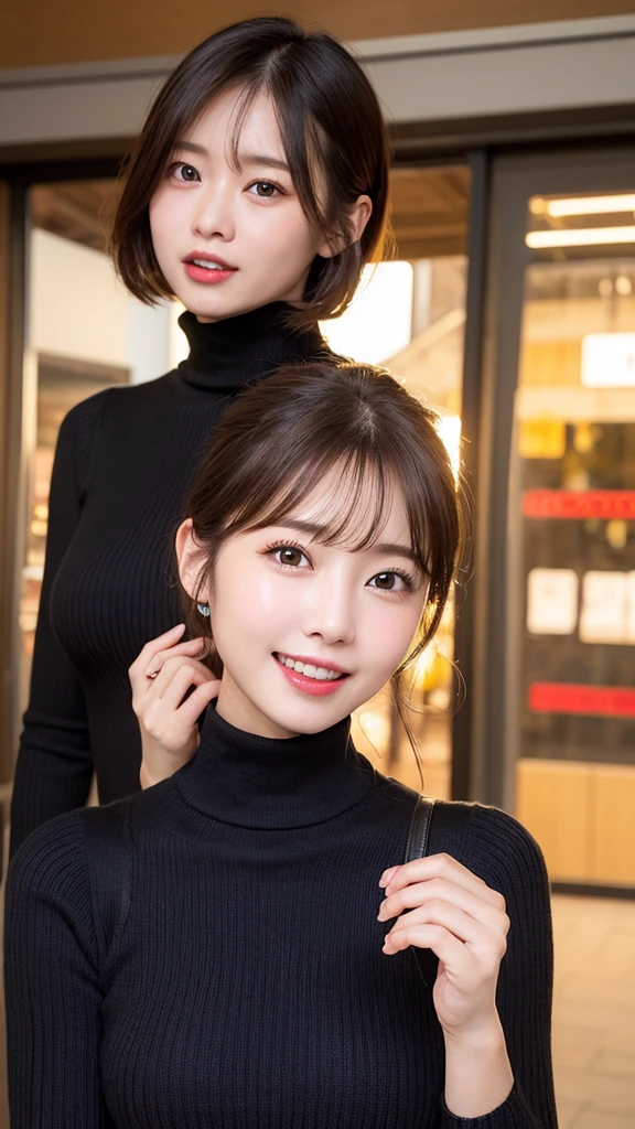 masutepiece, Best Quality, Ultra-detailed, finely detail, hight resolution, 8K, Perfect dynamic composition,In the shop、(((Shopping while shopping)))、(((Black Turtleneck Knit)))、((Red cheeks))、(is standing)、White mini skirt、white sock、Japan 18-year-old woman、 Beautiful detailed eyes, Medium short hair, Natural Color Lip,F Cup Breasts、Opens mouth and laughs、bangss、Red cheeks