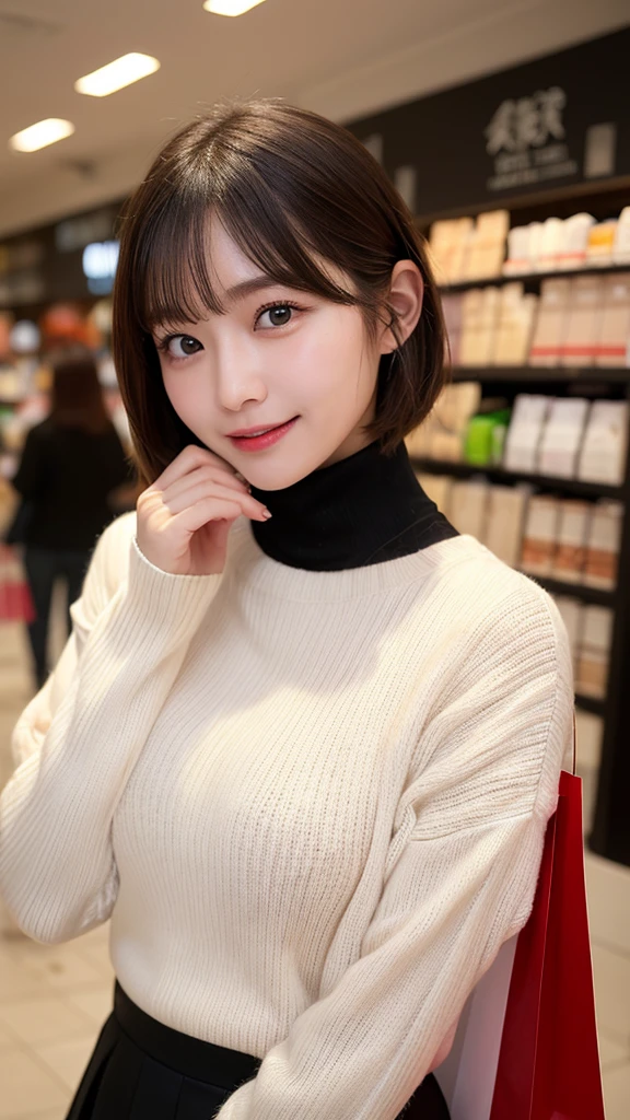 masutepiece, Best Quality, Ultra-detailed, finely detail, hight resolution, 8K, Perfect dynamic composition,In the shop、(((Shopping while shopping)))、(((Black Turtleneck Knit)))、((Red cheeks))、(is standing)、White mini skirt、white sock、Japan 18-year-old woman、 Beautiful detailed eyes,  Medium short hair, Natural Color Lip,F Cup Breasts、Opens mouth and laughs、bangss、Red cheeks