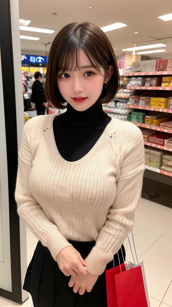 masutepiece, Best Quality, Ultra-detailed, finely detail, hight resolution, 8K, Perfect dynamic composition,In the shop、(((Shopping while shopping)))、(((Black Turtleneck Knit)))、((Red cheeks))、(is standing)、White mini skirt、white sock、Japan 18-year-old woman、 Beautiful detailed eyes,  Medium short hair, Natural Color Lip,F Cup Breasts、Opens mouth and laughs、bangss、Red cheeks