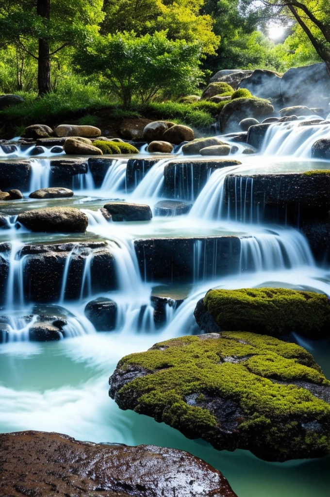 {high quality}, {nature bath}, {hot spring}, {open air bath}, view from below, {steam}, {stars shining}, tree behind, rock behind,