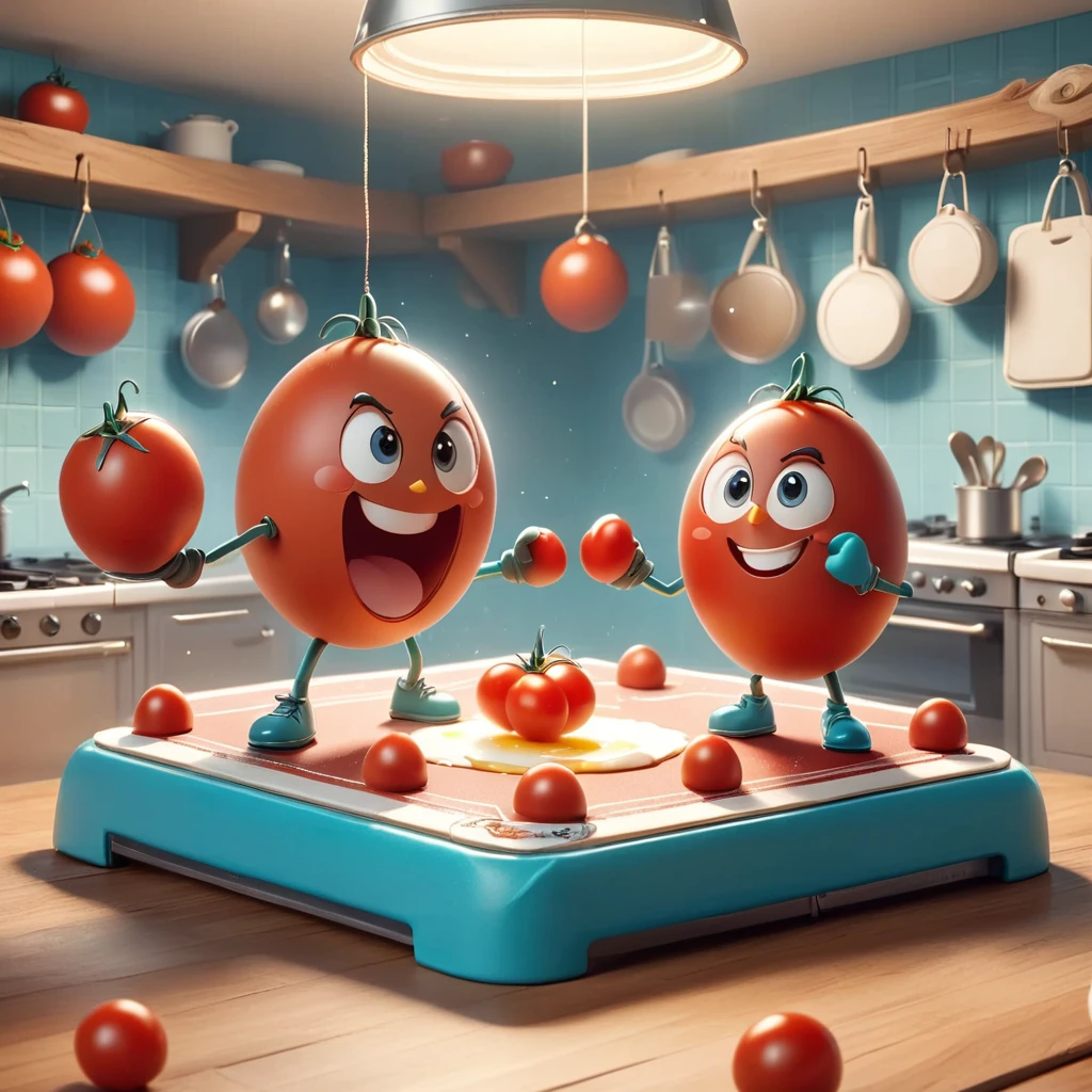 A whimsical kitchen-style boxing ring，Boxing match between egg and tomato，Cartoon，illustration，cute，Kitchen-style boxing ring in the background，Eggs wearing miniature gloves and determined smiles，Tomato wearing boxing gloves