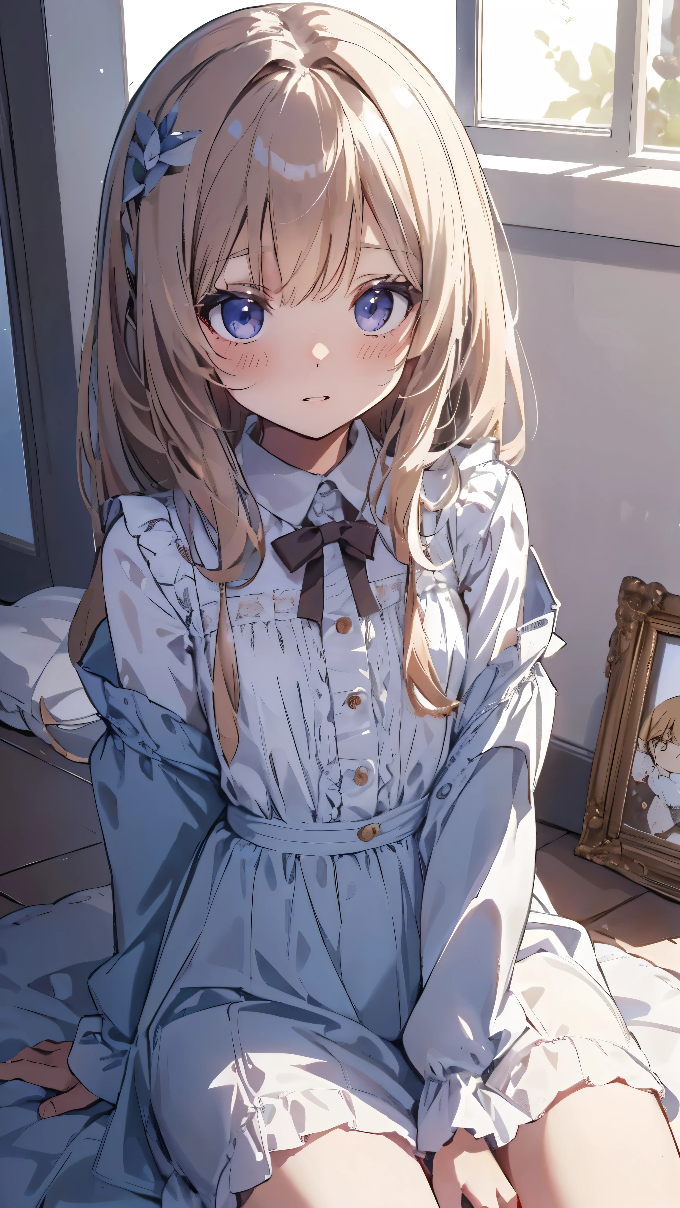Masterpiece、Highest quality、highest quality、(((Lori)))、 ((((Petite)))))、Shiny hair quality、Small face、Sitting、Super detailed, beautiful, wide eyes、Ultra-detailed, clear and beautiful faces、(cute illustration:1.2), High-resolution, ultra-detailed, best quality, embarrassed 、(Cute white underwear)、Thighs