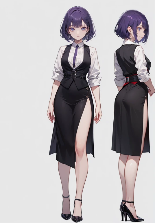 ((Perfect Face)),Purple Hair,Shortcuts,Adult female,bartender,((Harness)),Black vest,((Shirt with rolled up sleeves)),tie,((slit)),High heels,,((Simple Background)),smile,((whole body)),((full body)),Character portrait,upright,,Both arms are lowered,upright,