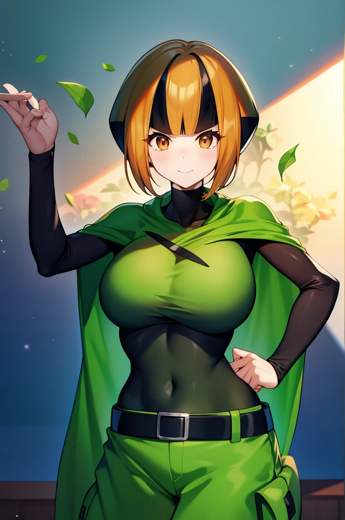 masterpiece、highest quality、Pokémon、nathan、Colossal breasts mature woman、Colossal breasts mature woman、colorful hair、green capellet、（（（green cape）））+++、（（（green cape）））+++、（（（green cape）））+++、black shirt、long sleeve、abdomen、belt、orange shorts、big breasts、Upper body、smile、look at viewer、Wrinkled between the eyebrows、forest、bee、garden、flower