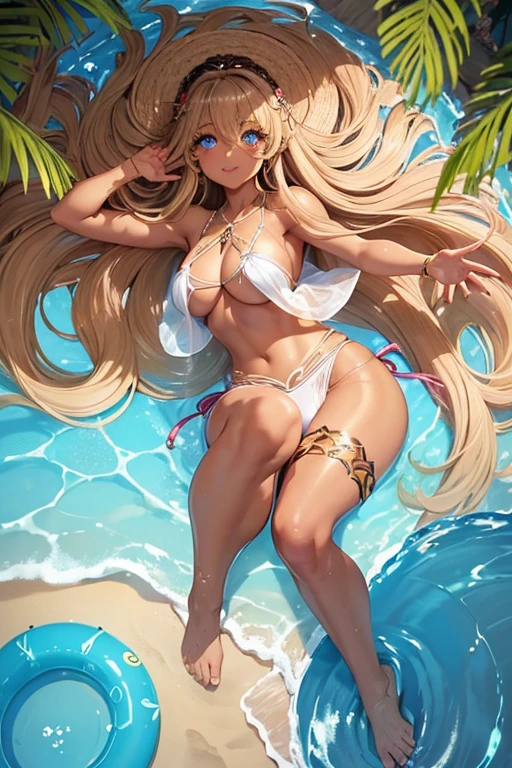 (masterpiece、highest quality、Super detailed)、1 adult lady、Perfect hands、Perfect Fingers、Five fingers、Perfect legs、blonde long hair、Glowing Skin、((brown skin:1.5))、Mid-chest、((Swimwear))、barefoot、very thick leg、lying、midriff peek、Bangs between the eyes、(Big round eyes:1.4)、smiling、Pink Lips